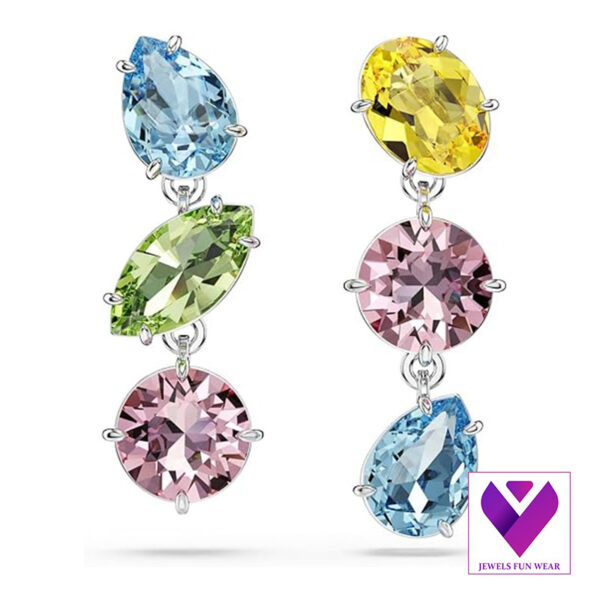 Asymmetrical Multicolored Drop Earrings – Mixed-Cut Crystals with Rhodium Finish