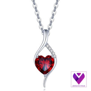 14K Solid White Gold Heart Necklace – Genuine Garnet Birthstone Pendant with Lab-Grown Diamond, Sterling Silver Chain (January Birthstone)