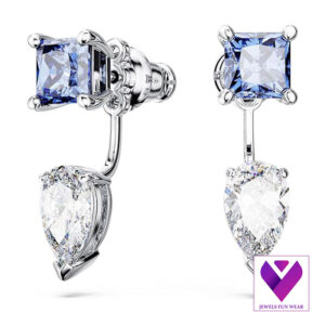 Mesmera Drop Earrings – Blue Square-Cut & Clear Pear-Cut Crystal Earrings with Rhodium Finish