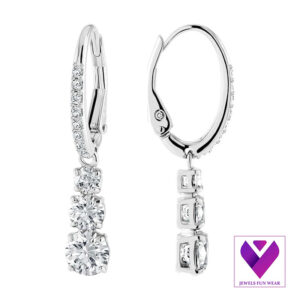 White Crystal Drop Earrings – Rhodium-Plated with Hinged Closure (1.13")